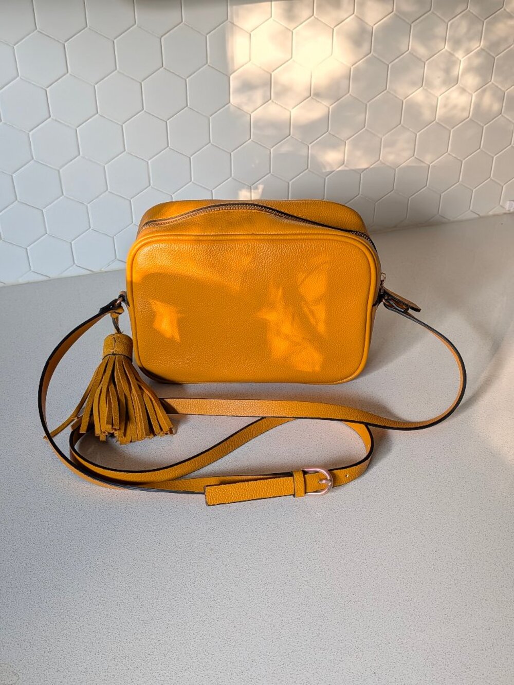 Yellow Vegan Leather Crossbody Bag with Tassel